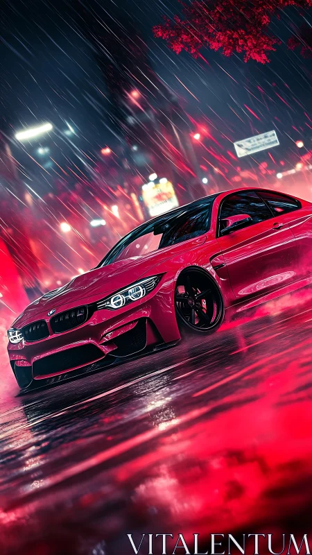 Red performance coupe in neon rain-soaked urban streetscape.