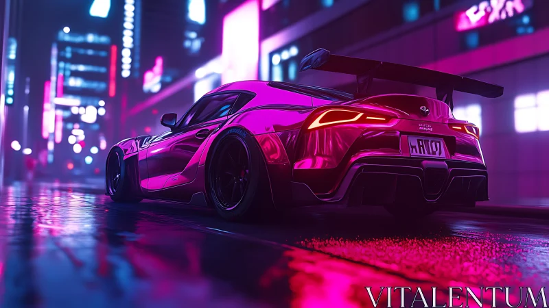 Neon illuminated sports car on wet urban street at night.