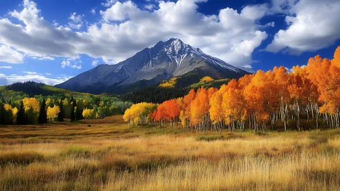 Golden autumn aspens beneath a calm snow-dusted mountain.