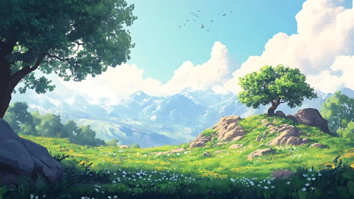 Sunlit hilltop meadow opening to bright mountain horizons.