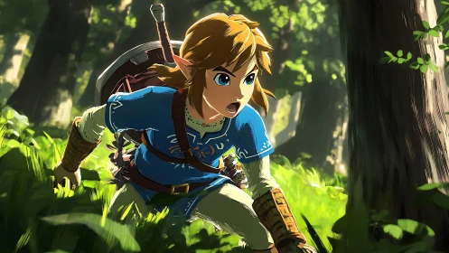 Brave forest adventurer dashes through sunlit green paths