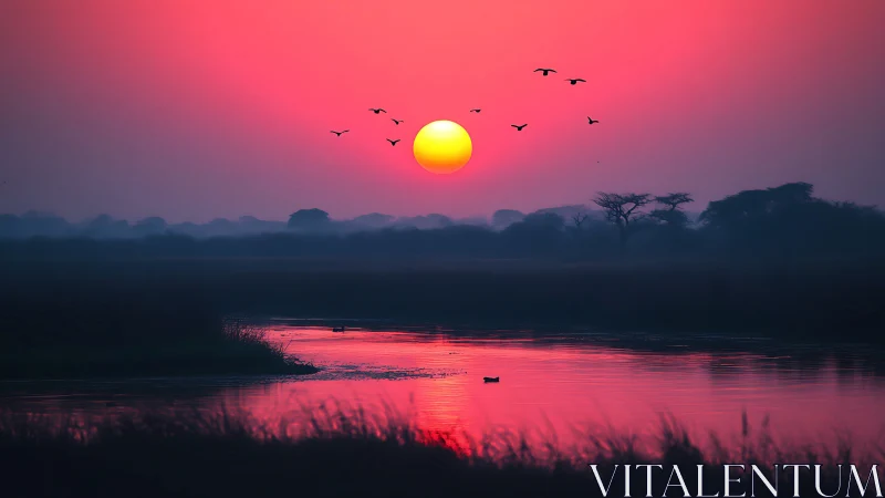 Saffron river sun serenades dusk birds in rose fog glow.