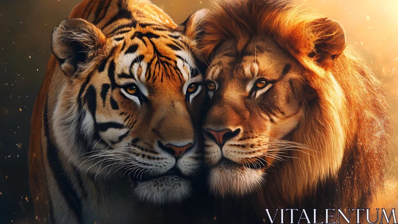 Tiger and lion portrait with warm golden light