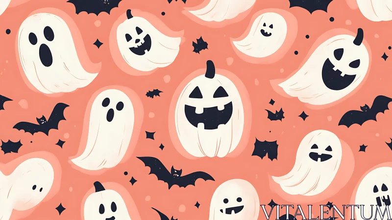 Cute Halloween ghosts and pumpkins on coral background pattern.