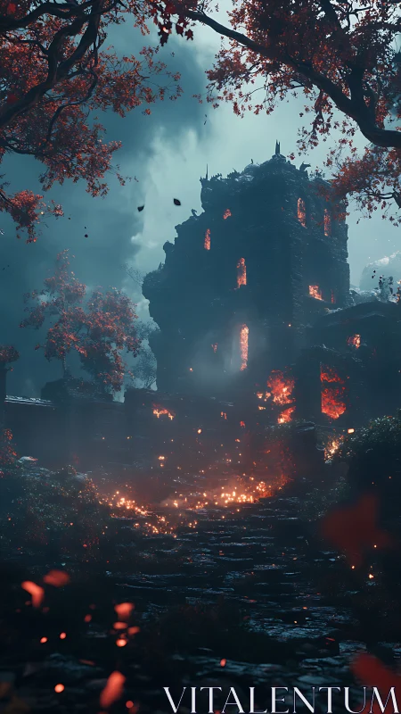 Burning Castle Engulfed in Flames Beneath Red Blossoms