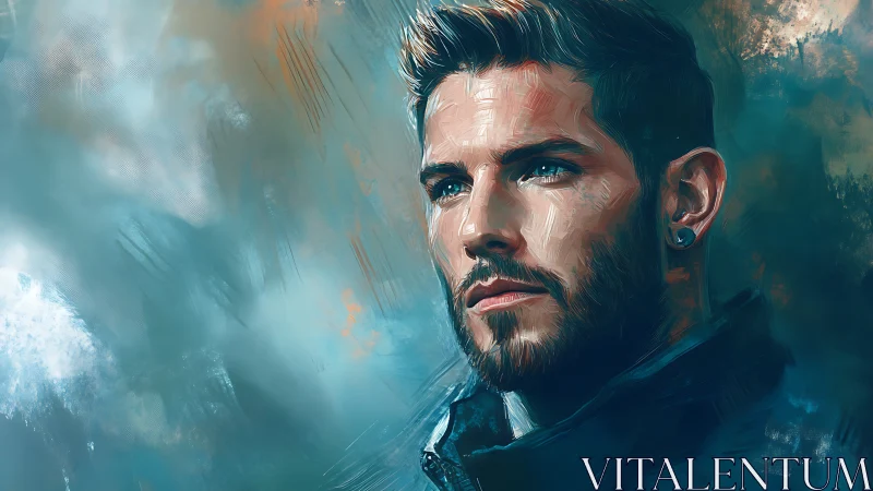 Digital portrait of bearded male figure in cool tones.