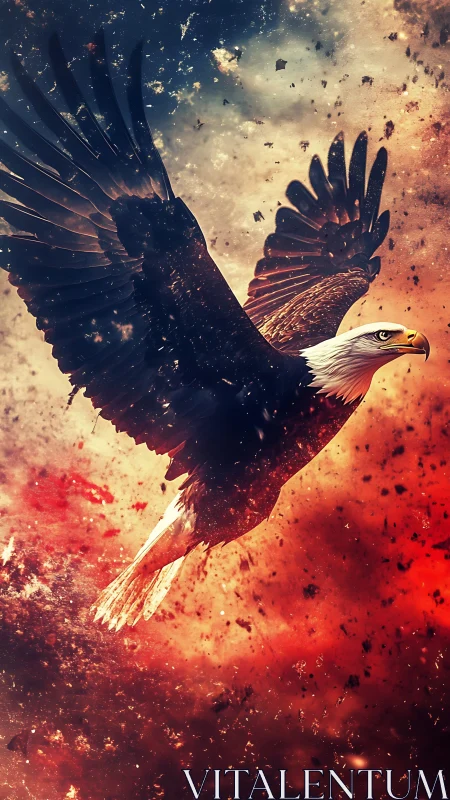 Bald eagle soars through fiery sky and swirling embers.