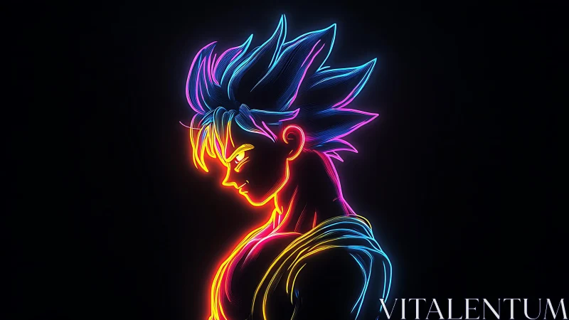 Neon outline of spiky haired anime warrior in profile view