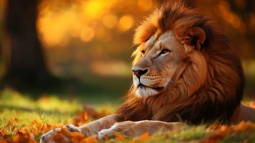 Majestic lion rests under golden autumn sunset light.