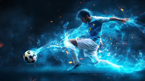 Electric soccer striker unleashes blue energy kick.