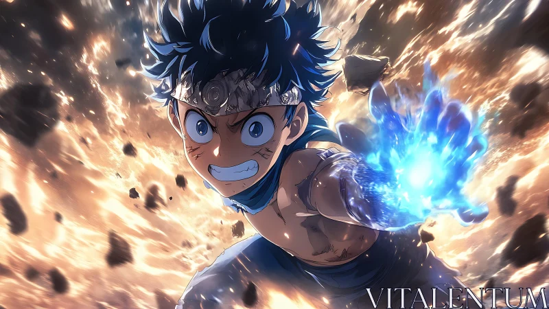 Blazing blue-fist hero punching through a storm of chaos.