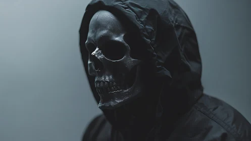 Side profile of hooded skull mask in muted lighting.