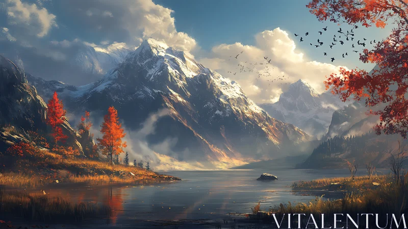 Golden autumn lake beneath gentle snow capped mountains.