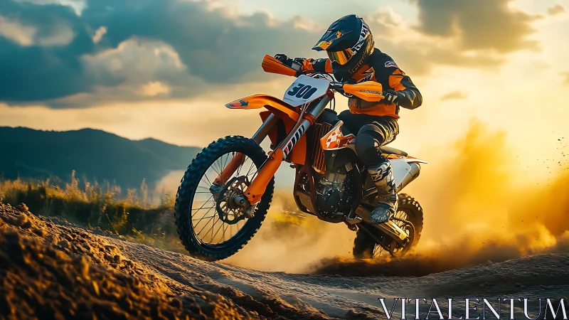 Motocross rider carves a dirt trail at golden hour sunset