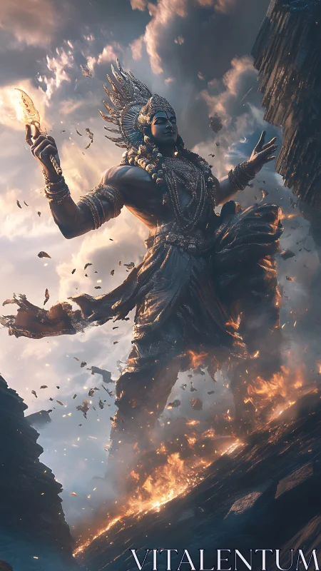 Colossal celestial guardian strides through storm and flame.