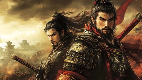 Warrior commanders in ornate armor over burning citadels.