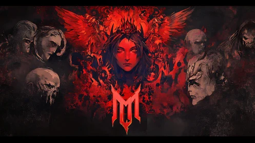 Winged central figure with surrounding spectral faces in red.