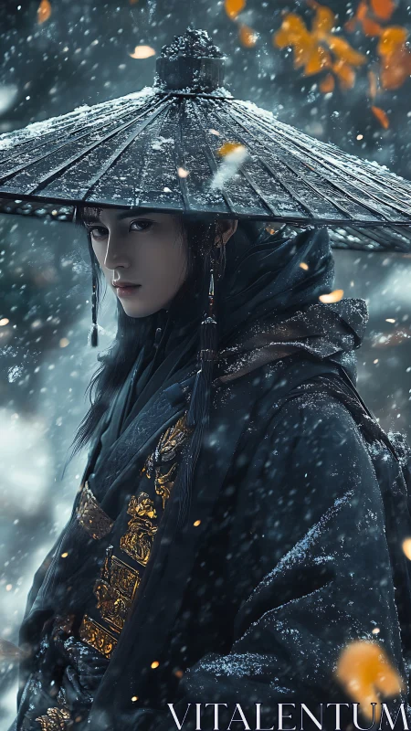 Digital painting portrait of lone winter warrior in snowfall.