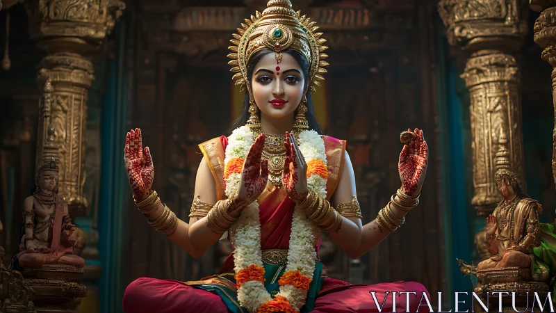 Regal Hindu goddess idol glows amid ornate temple columns.