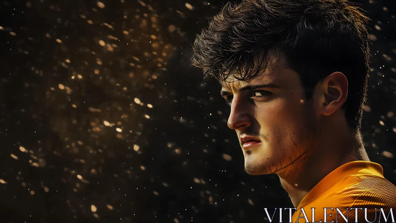 Focused male portrait in golden cinematic backlight.