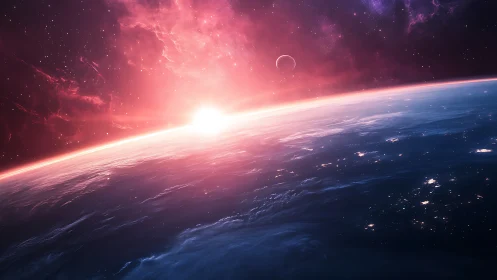 Stellar sunrise ignites a tranquil blue planet’s horizon.