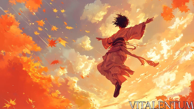Figure in kimono suspended midair against autumn sky