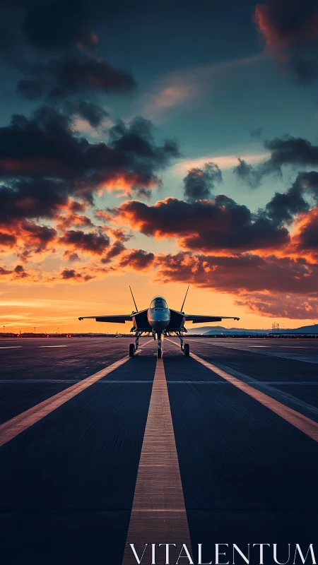 Photorealistic fighter jet on runway at cinematic sunset.