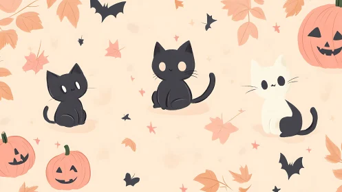 Autumn Halloween Cats and Pumpkins Gather in Spooky Celebration