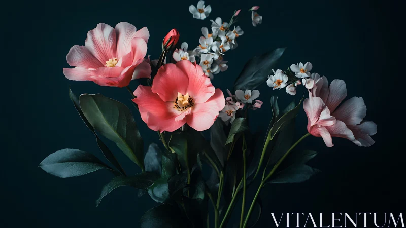 Pink camellia blooms with small white flowers composition