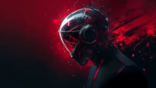 Futuristic figure in fractured red and black helmet profile.