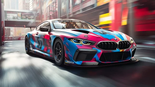 Urban sprinting BMW GT racer in neon livery artwork.