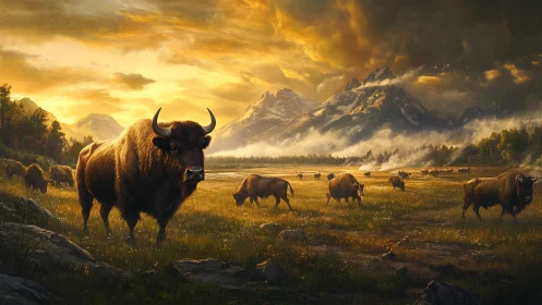 Bison herd crosses golden valley beneath storm mountains.