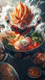 Anime warrior powers up over steaming ramen feast bowl.