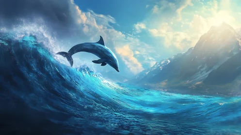 Photorealistic dolphin breaching cresting wave near sunlit coast