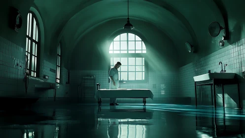 Solitary medic in a flooded, sunlit hospital hall.