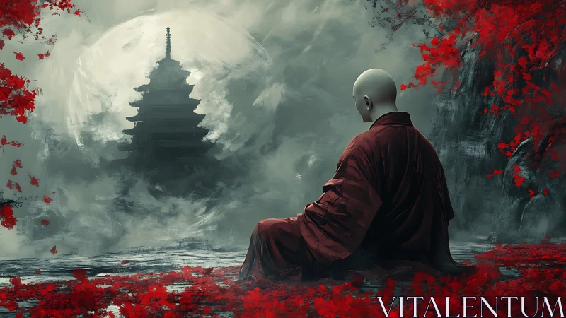 Monk in crimson robes gazing toward mist-veiled moon temple.