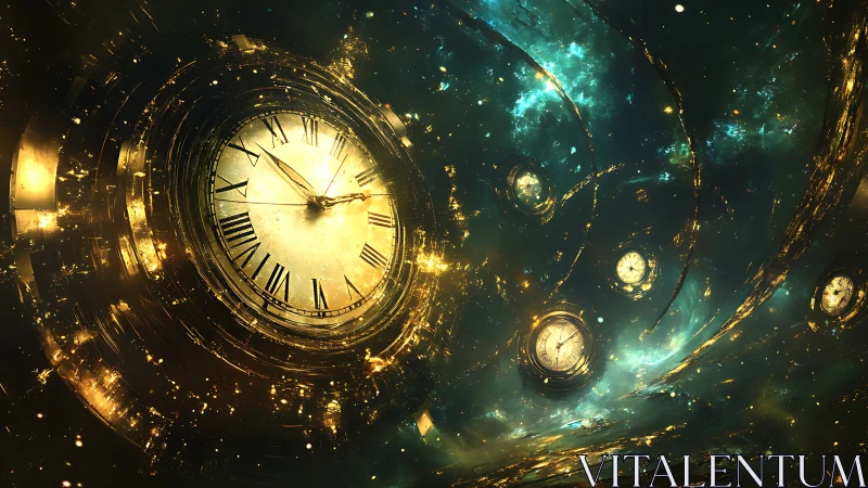 Clustered clock faces within luminous swirling space field.