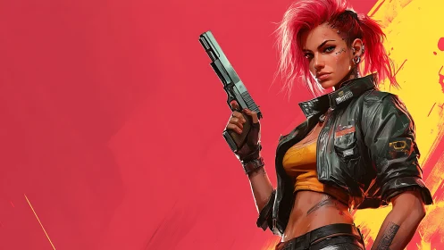 Neon outlaw stands blazing against a wild crimson skyline.