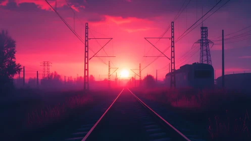 Electric railway at neon dusk with cinematic perspective.