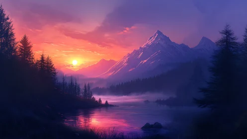 Vivid mountain lake sunset with snow peaks and forest.