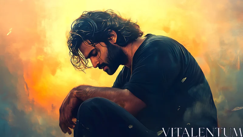 Quiet sunrise moment shows a man pausing in thoughtful silence