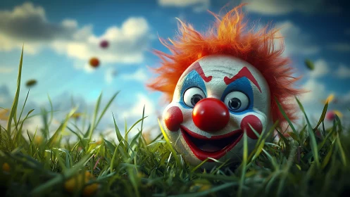 Clown-faced toy head in grass under partly cloudy sky.