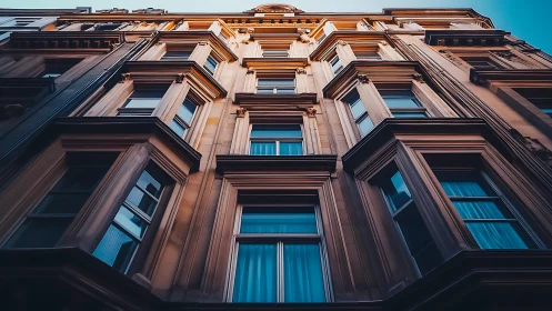 Warm evening light climbs an ornate urban facade skyward
