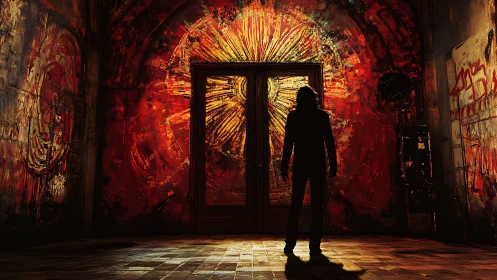Silhouetted figure before blazing occult doorway portal.