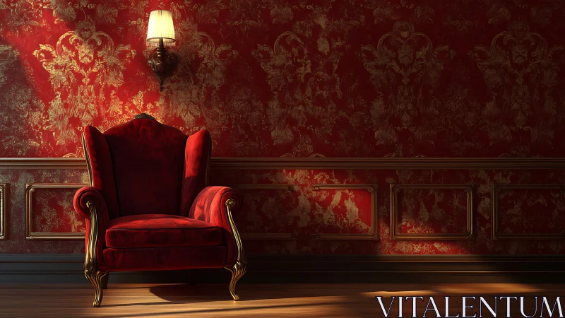 Red velvet armchair in ornate gold trimmed interior scene.