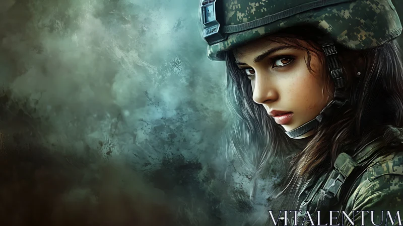 Steel-eyed soldier carves quiet resolve through swirling smoke