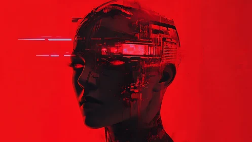 Cybernetic portrait in red glitch matrix with abstract circuitry design.