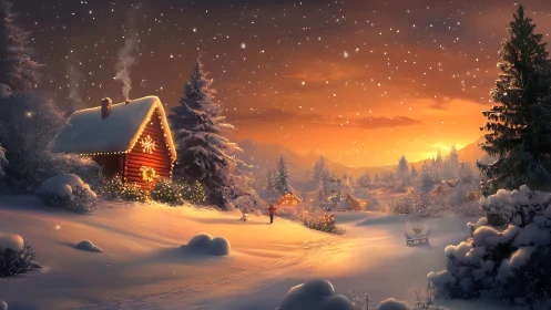 Luminous alpine cabin under volumetric snowfall at sunset.