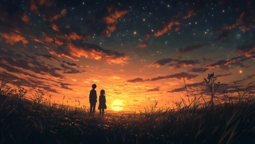 Two young silhouettes share a quiet moment at starlit sunset