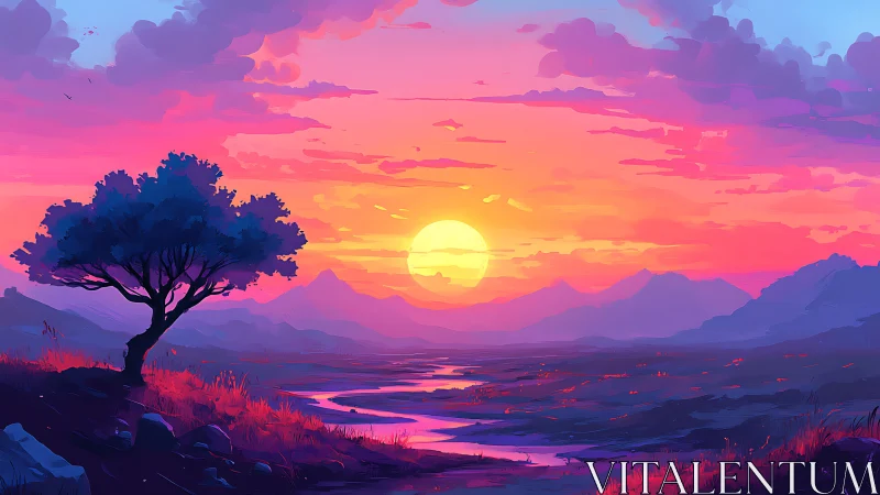 Sunset river stitches neon light across a dreaming valley